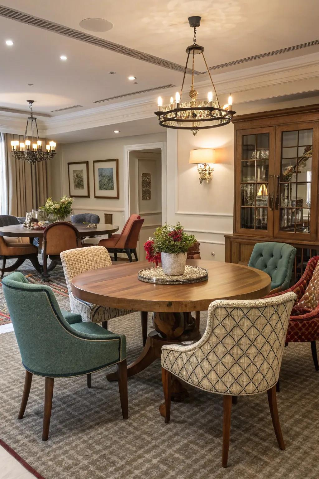 Mix-and-match seating can add a playful touch to your dining room.