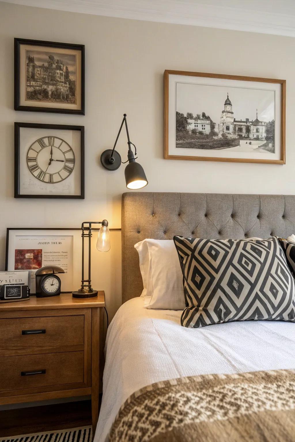 Vintage elements add charm to a modern bed wall design.