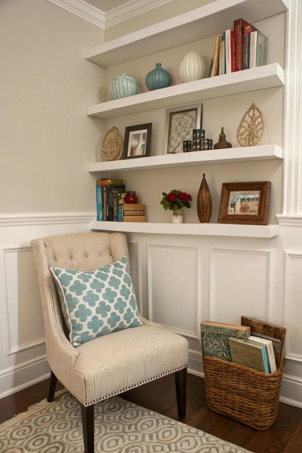 Combining style and storage with floating shelves and chair rails.