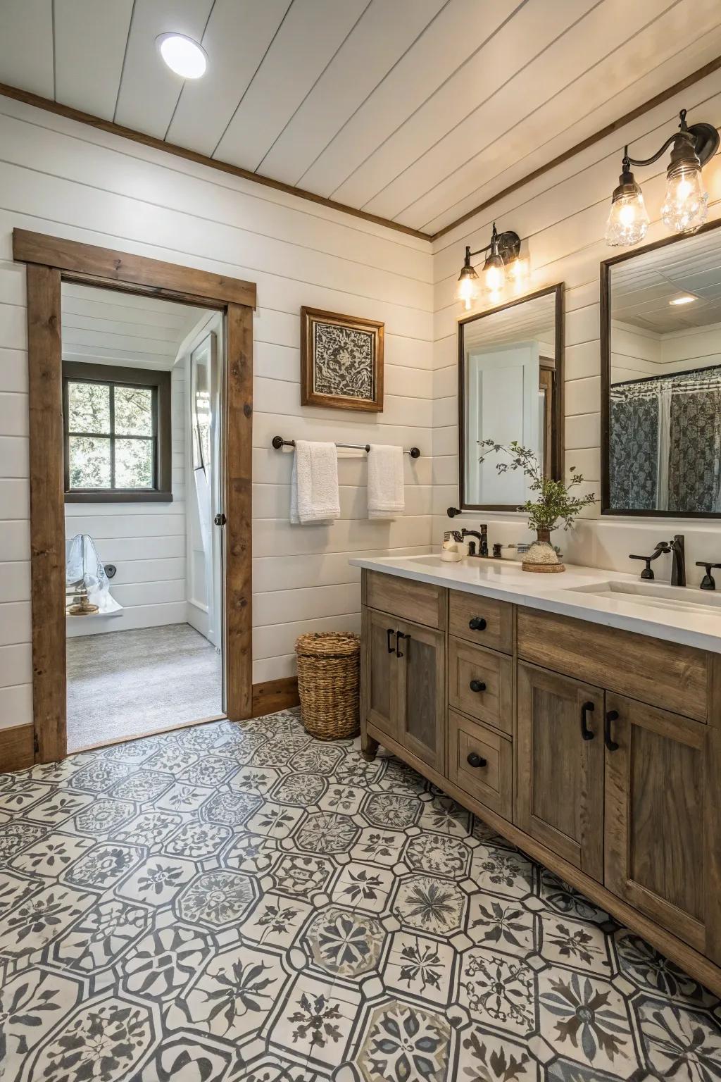 Patterned tiles add visual interest and charm to this modern farmhouse bathroom.