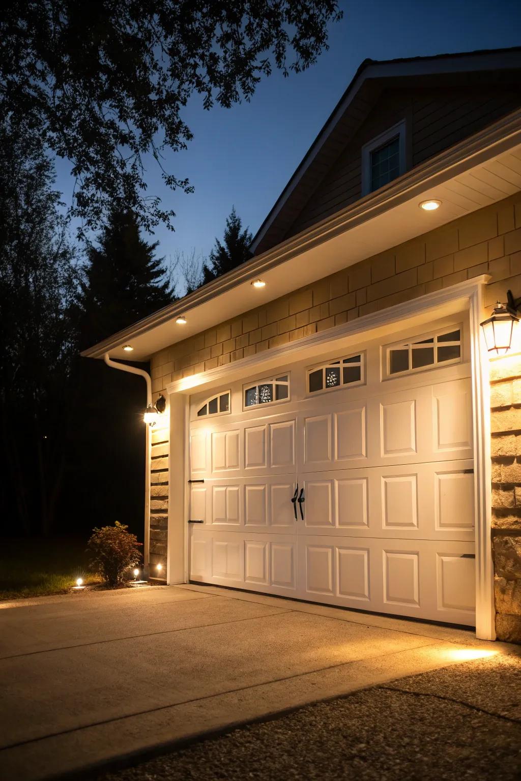 Smart lighting enhances garage door aesthetics and security.