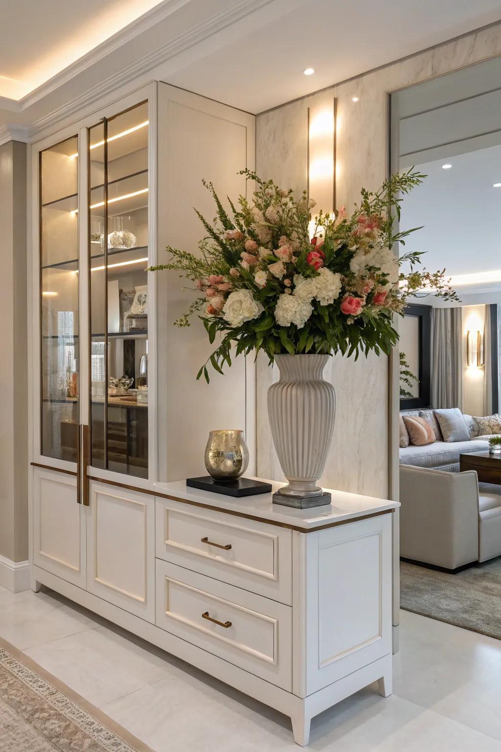 A statement piece serves as the focal point of the hutch.