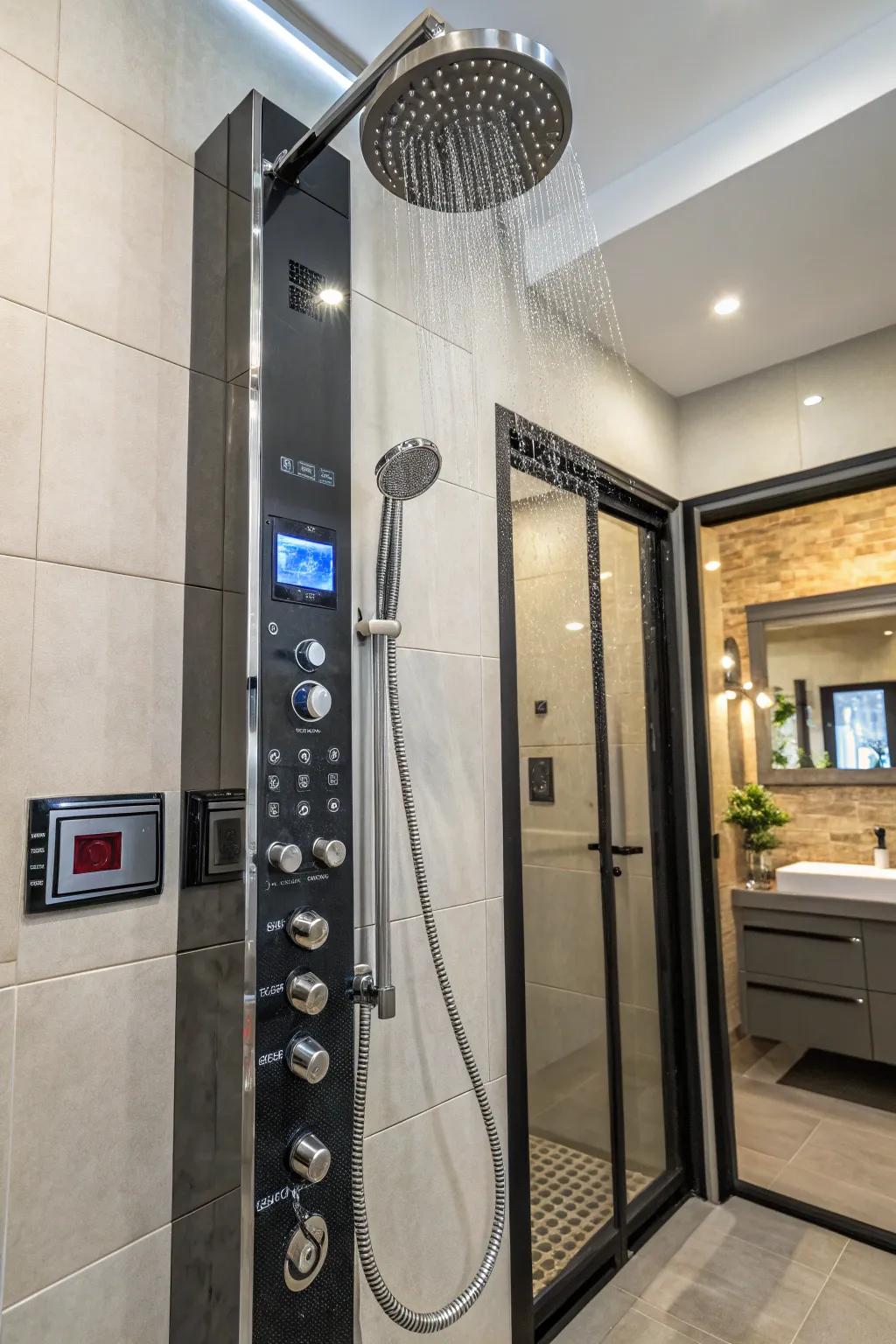 A modern shower equipped with smart technology for an elevated experience.