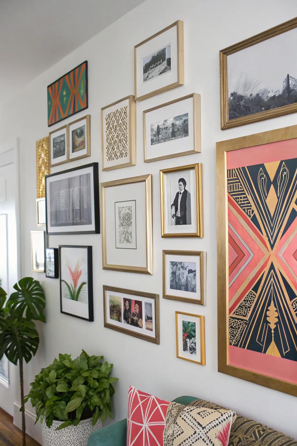 Eclectic art displays add personality and visual interest.