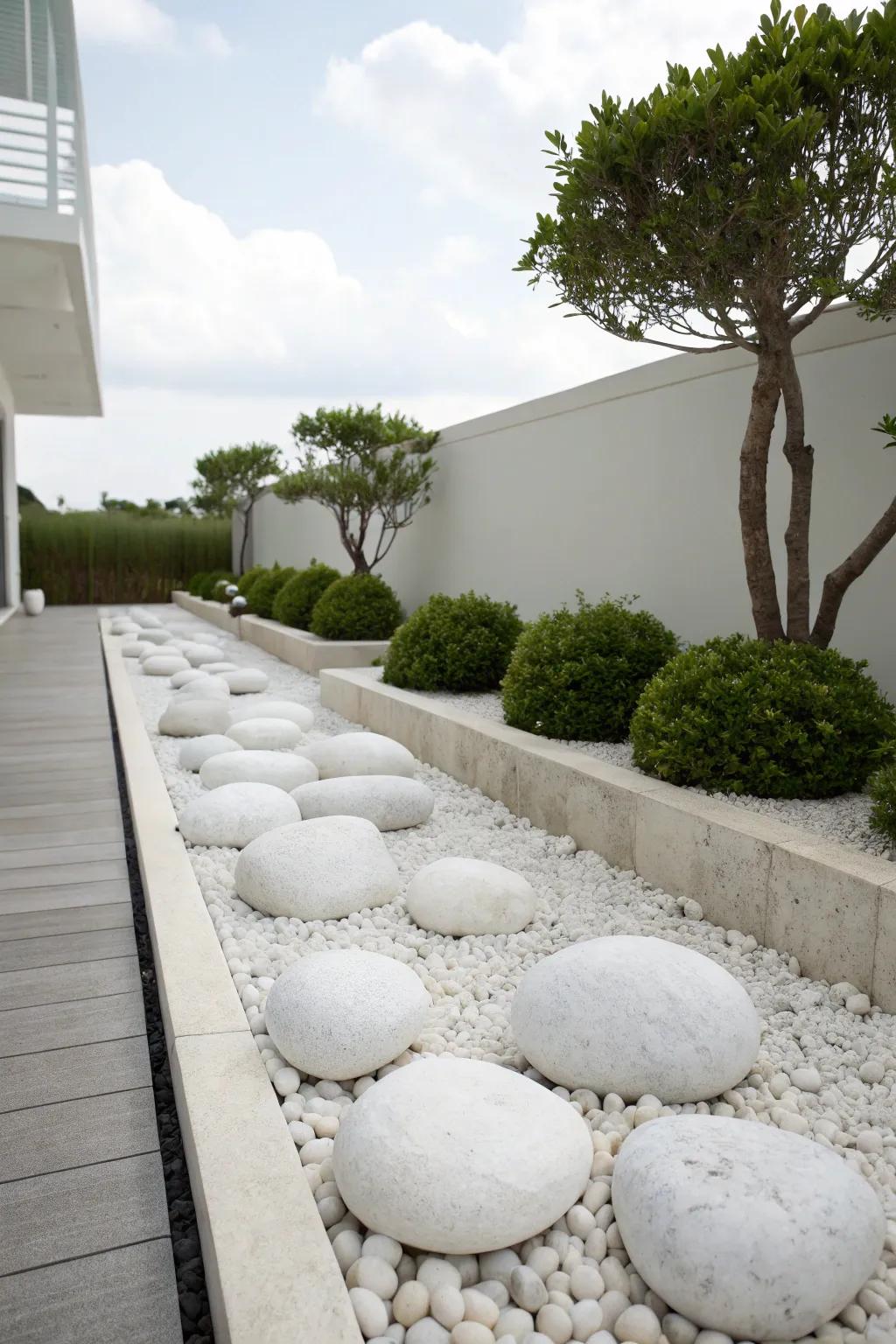 A minimalist garden design featuring white rocks, creating a serene and uncluttered space.