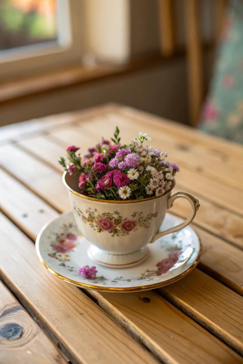 A vintage tea cup turned into a quaint flower pot.