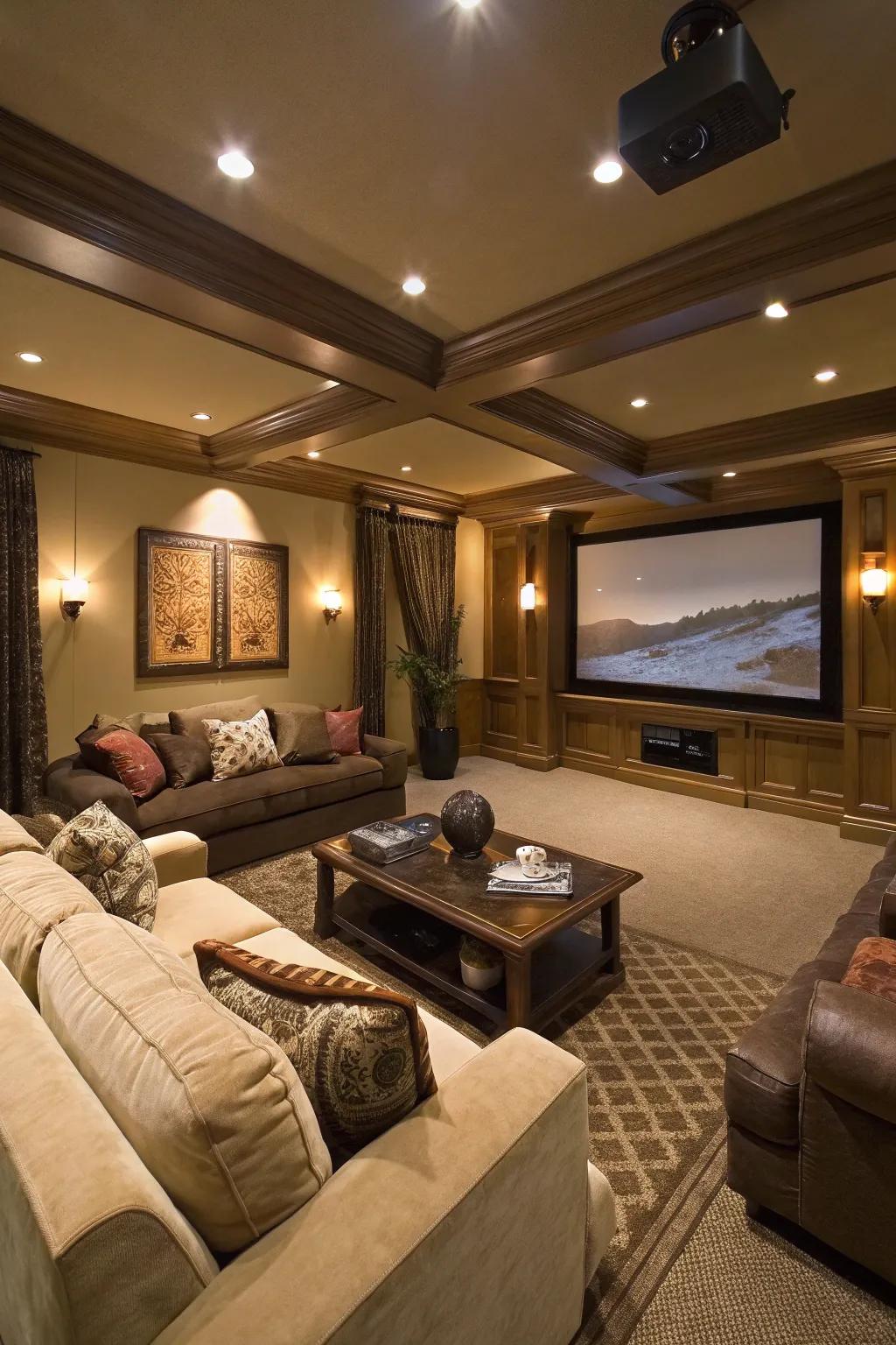 A versatile space adapts to both movie nights and social gatherings.