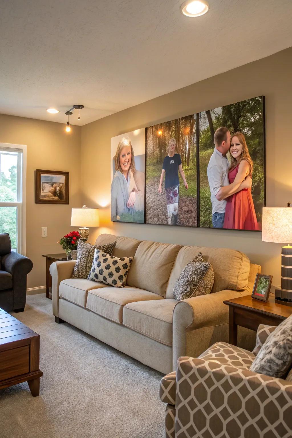 Personalized family portraits spread across multiple canvases, capturing cherished memories in the living room.