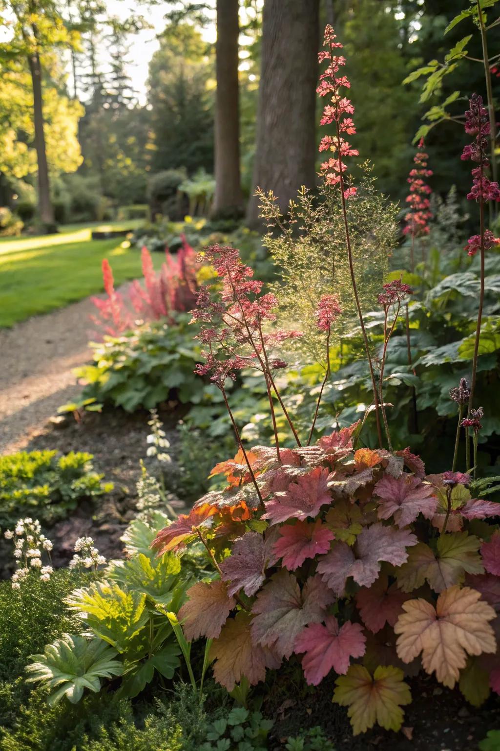 Heuchera adding colorful foliage to the shaded garden.