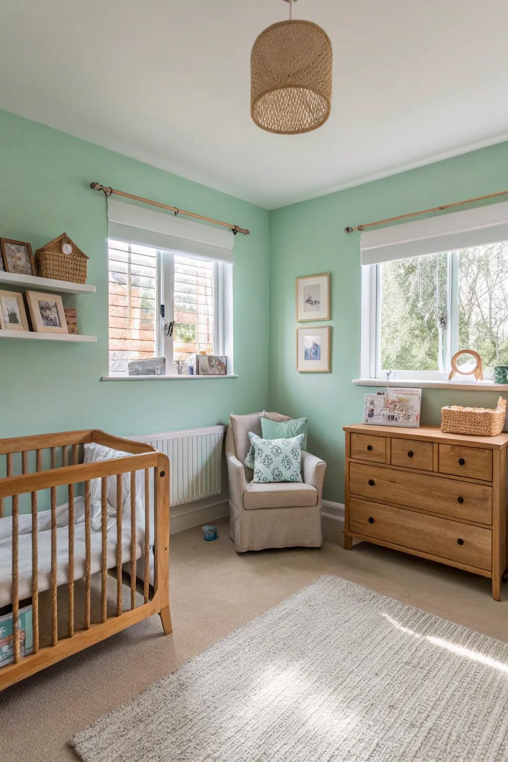 A vibrant nursery with fresh mint green tones.