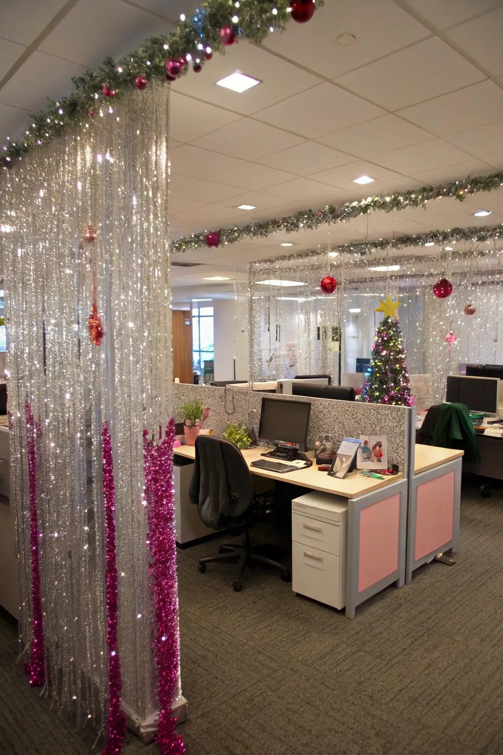 Tinsel and glitter glam up the holiday decor.