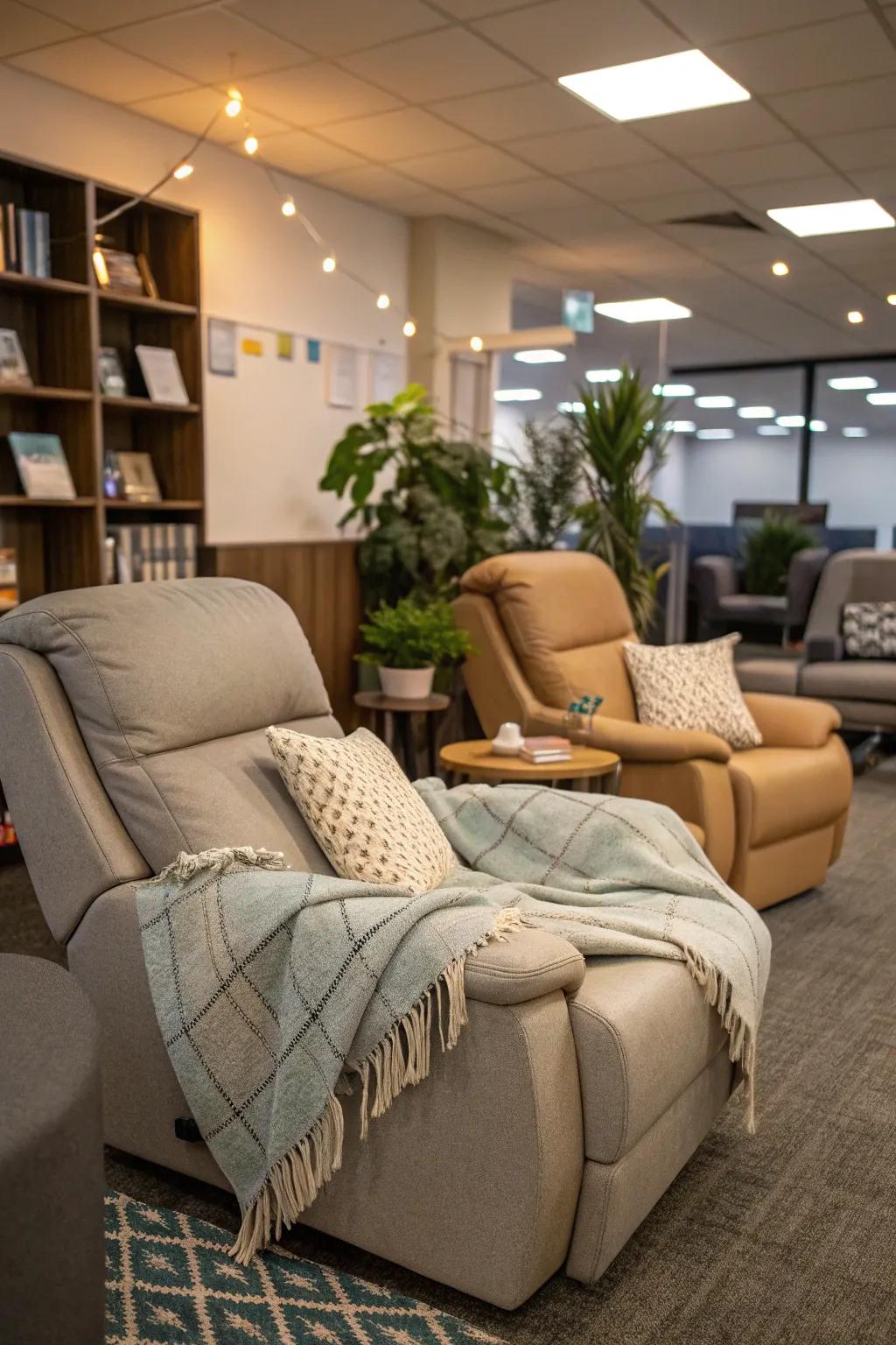 A nap area provides a rejuvenating break for enhanced productivity.