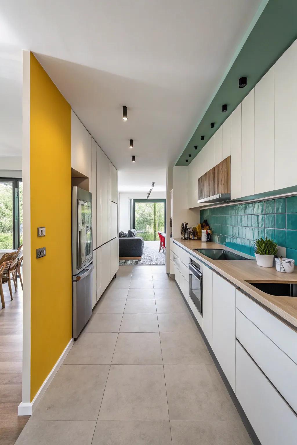 Color blocking defines this one-wall kitchen in an open setting.