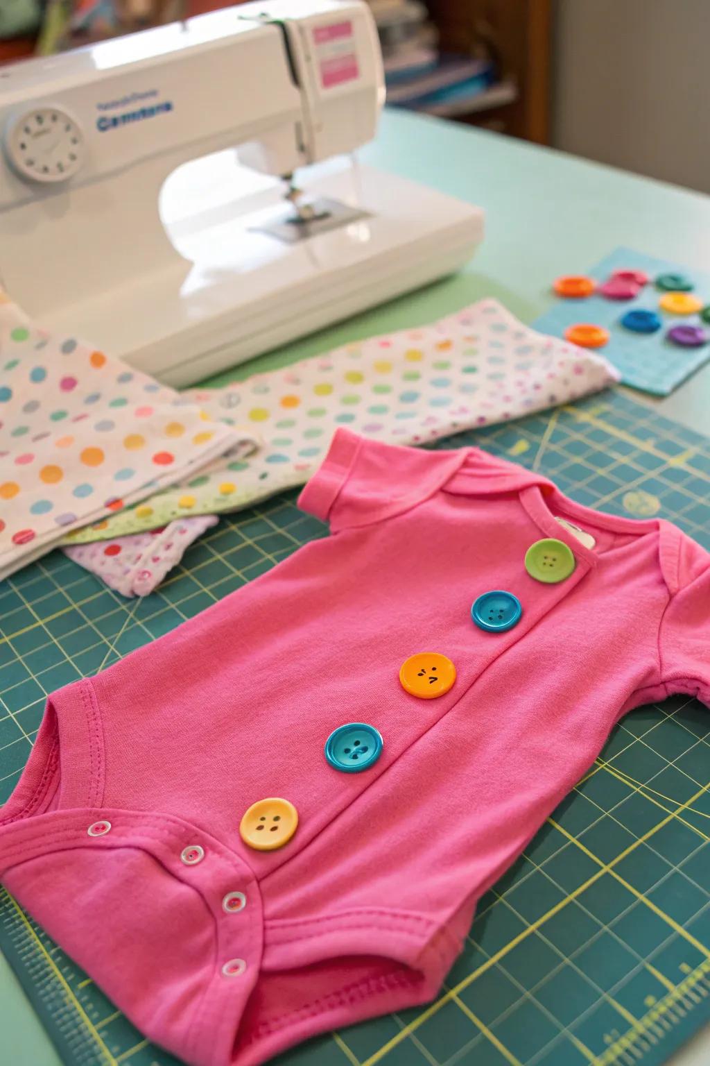 A playful onesie adorned with colorful buttons.