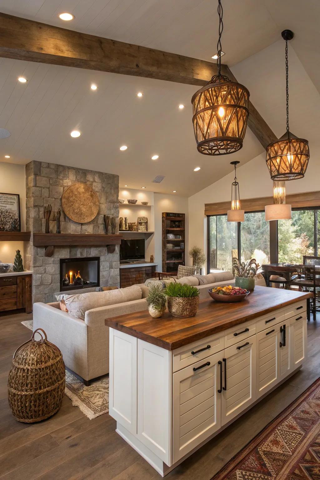 Artisanal elements add unique character to open concept design.