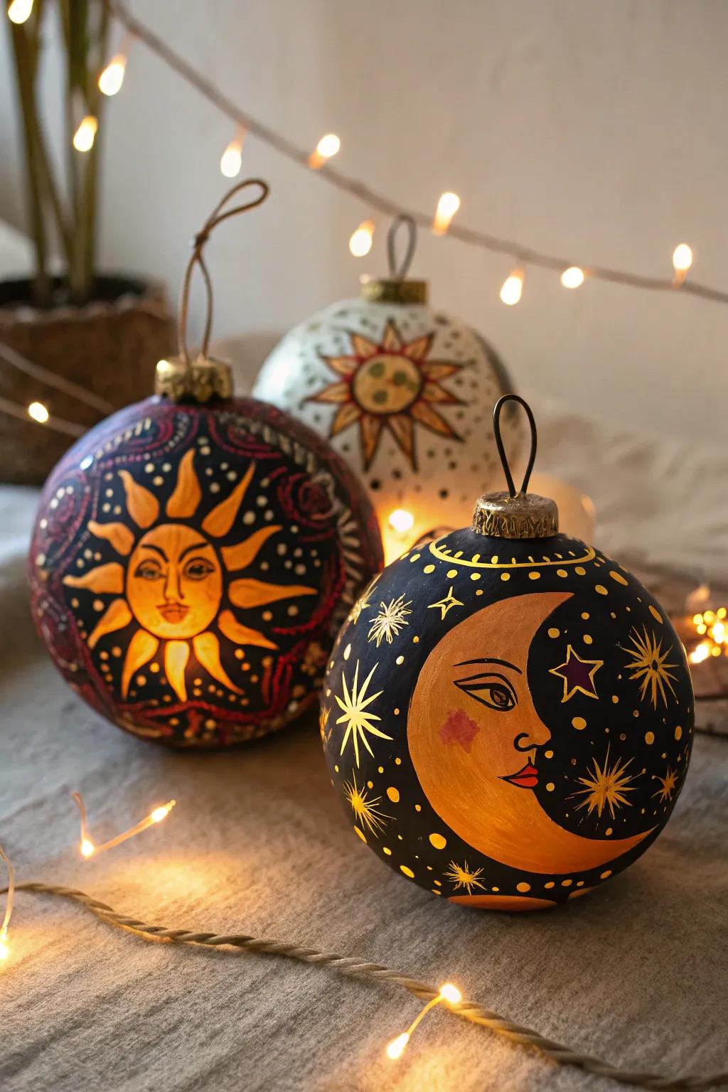 Celestial sun and moon ornaments offer a mystical touch to holiday decor.