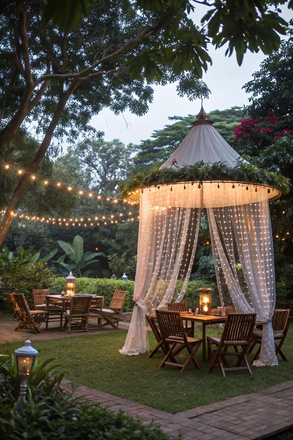 Floating canopy creates a magical and captivating outdoor atmosphere.