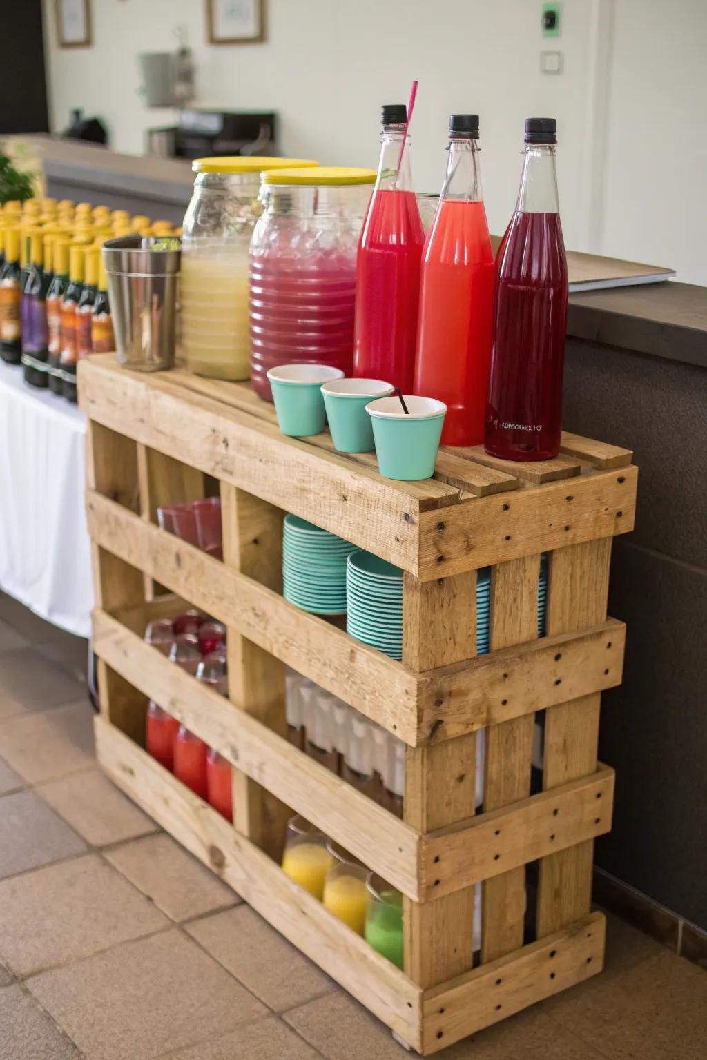 A wooden pallet makes for a budget-friendly drink station.