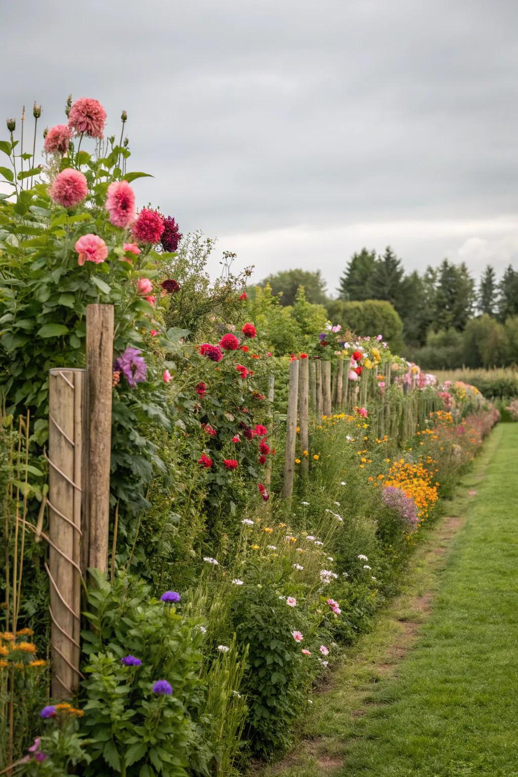 Tall flowering plants creating a natural fence in the garden.