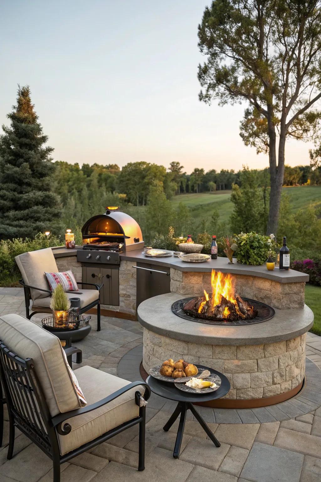 Extend the fun with a grill station and fire pit combination.