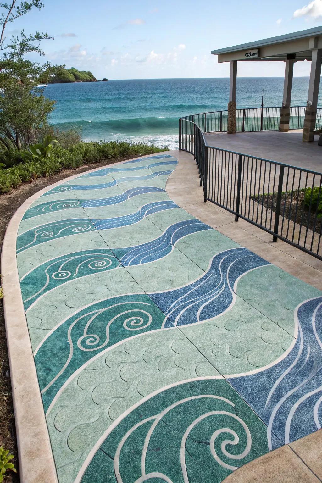 Wave patterns bring a coastal vibe to this patio space.