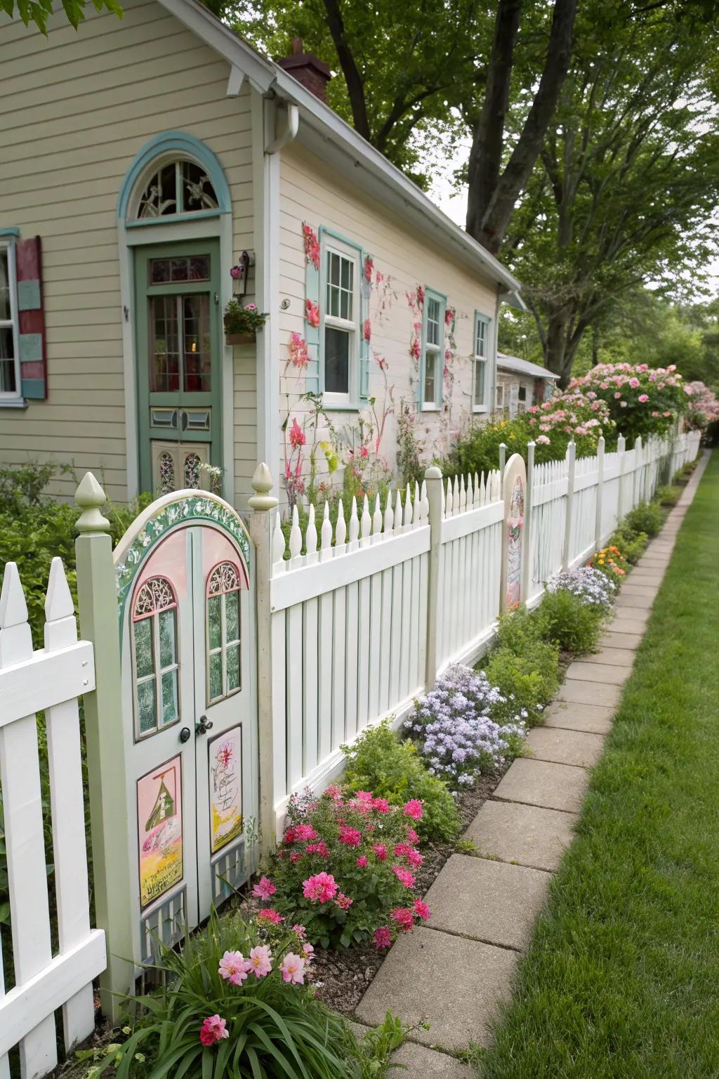 A whimsical picket fence with painted faux windows and doors.