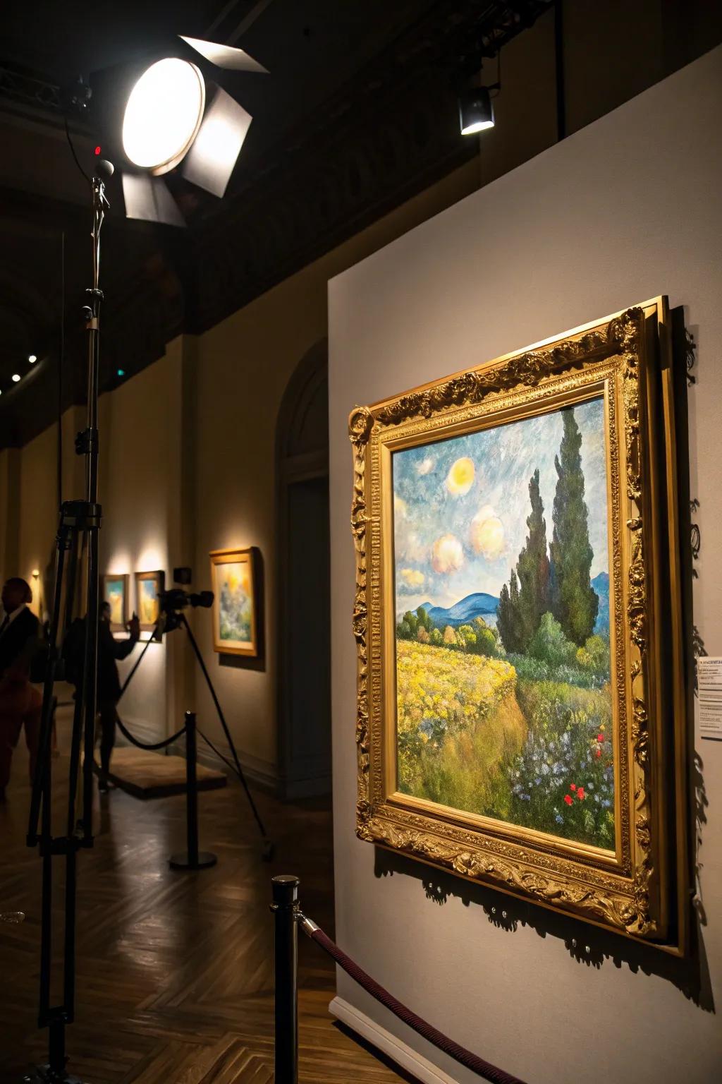 Spotlight lighting enhancing the framed painting.