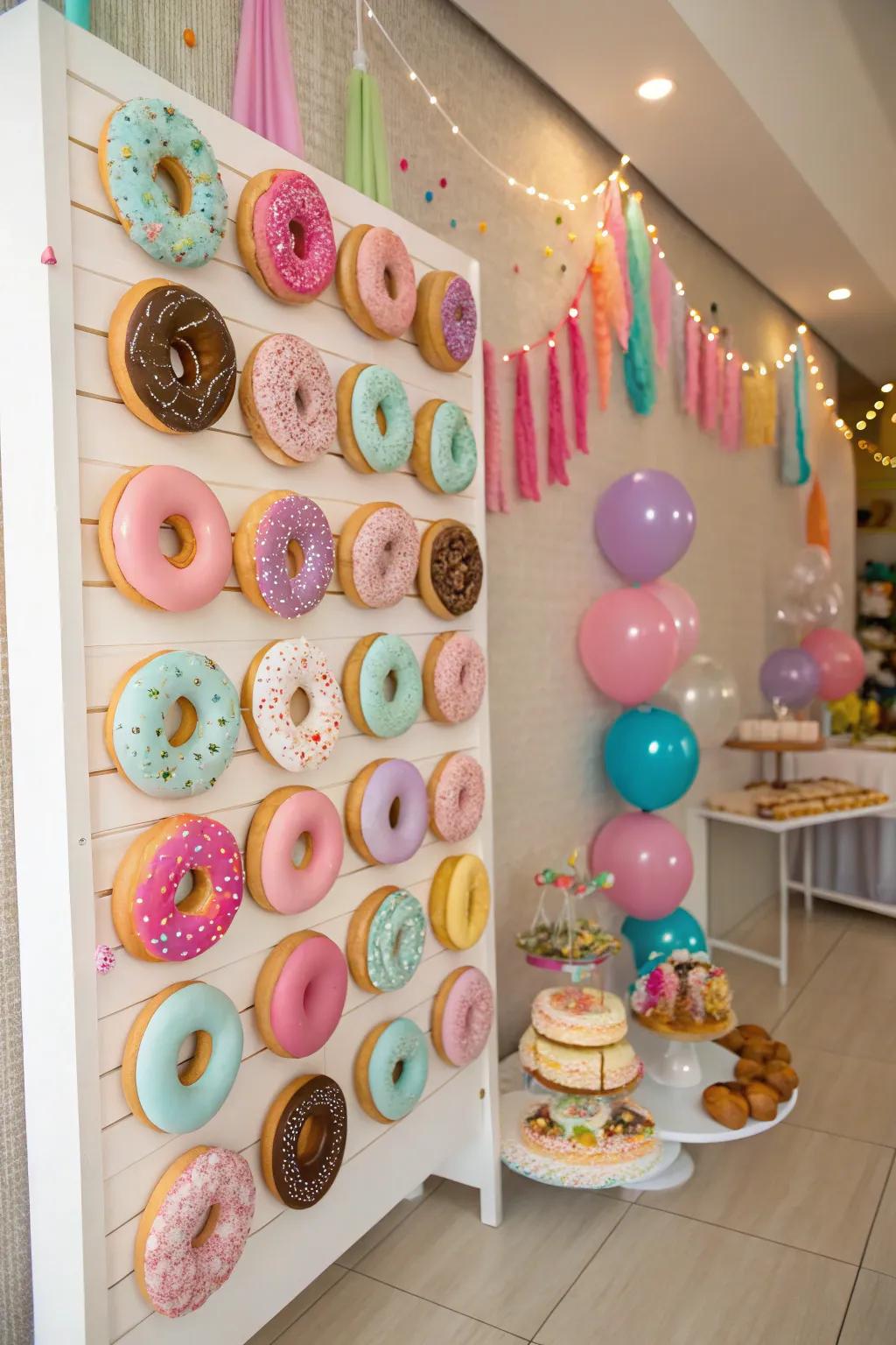 A whimsical doughnut wall offering a playful and tasty treat.