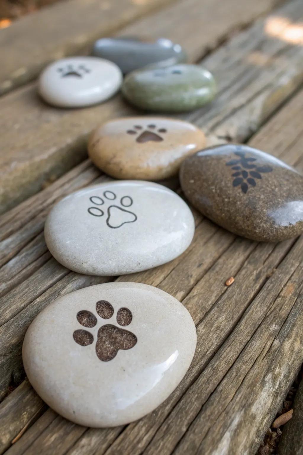 Engraved pocket stones with paw prints for comfort.