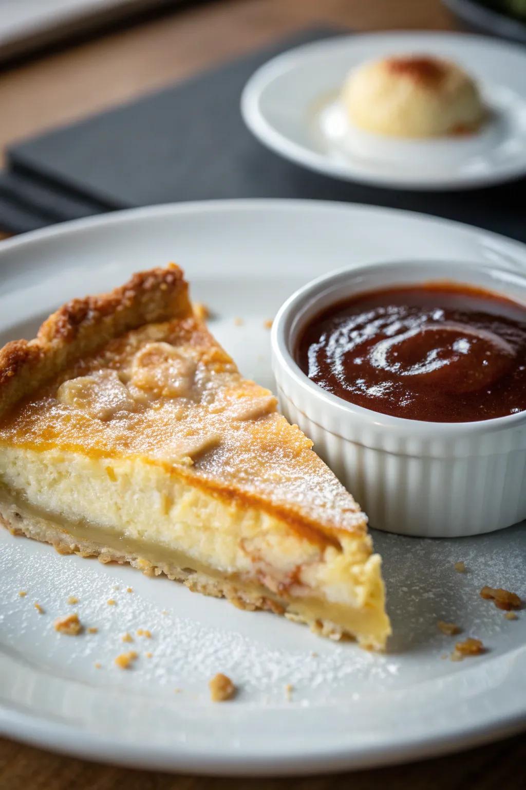 A pie slice accompanied by a tangy dipping sauce.