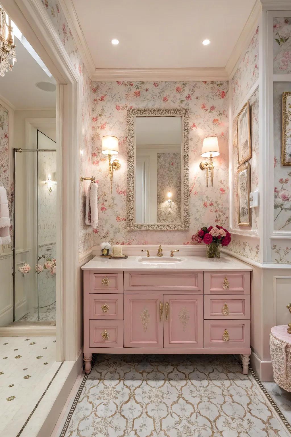 Pink floral accents enhance elegance.