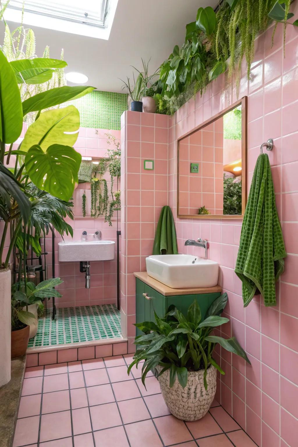 A vibrant harmony of pink tiles and green elements.