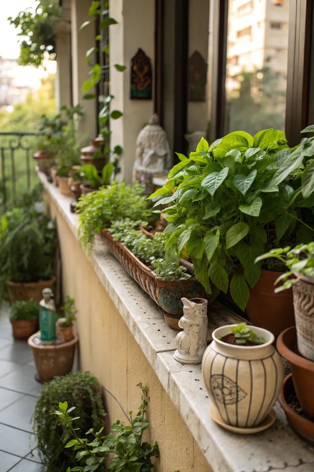 Regularly rotating plants and decor keeps this plant ledge fresh and interesting.