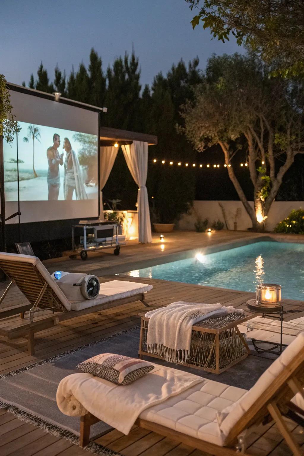 Poolside entertainment with an outdoor theater setup.