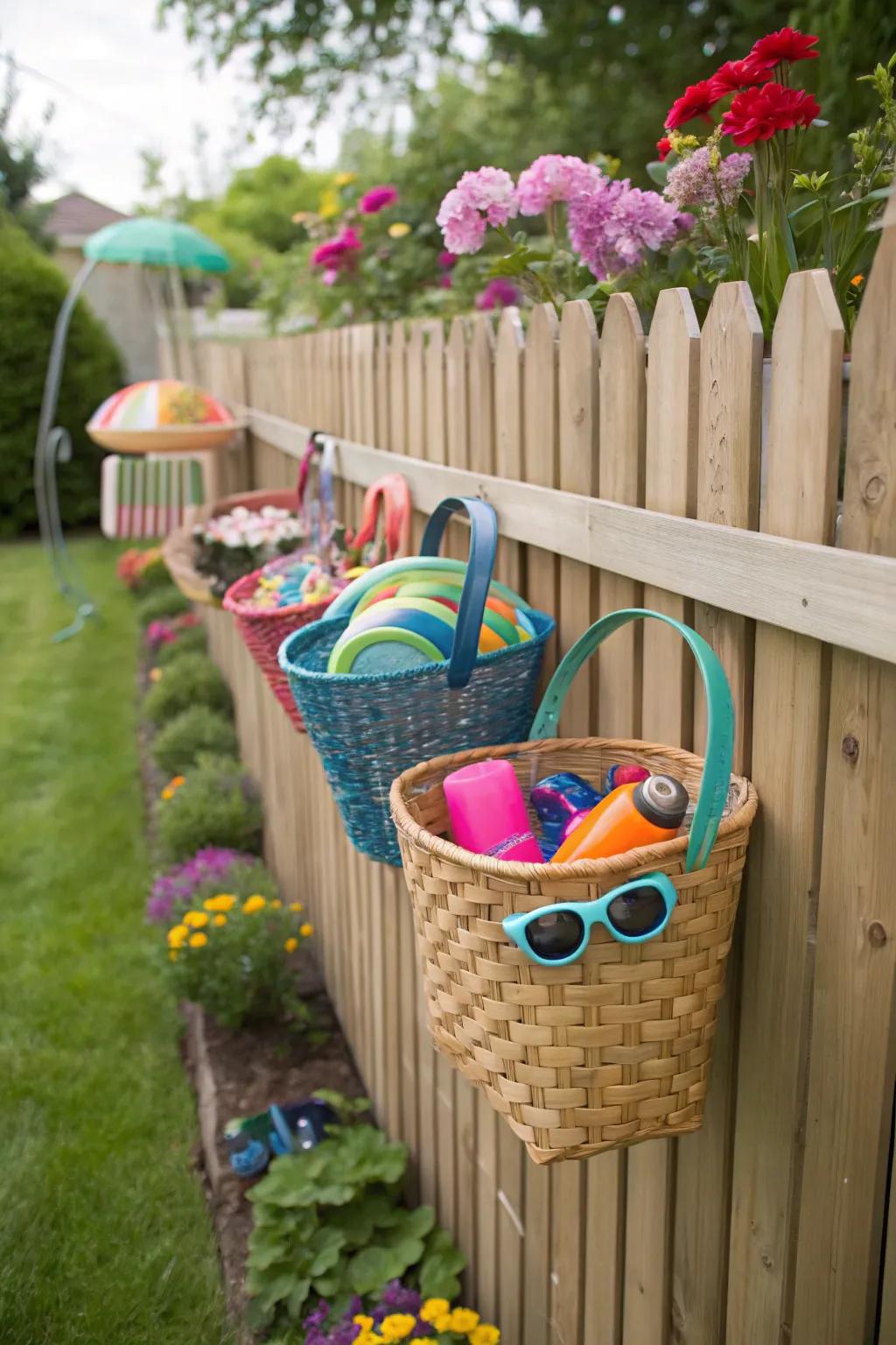 Hanging baskets provide convenient storage for poolside essentials.