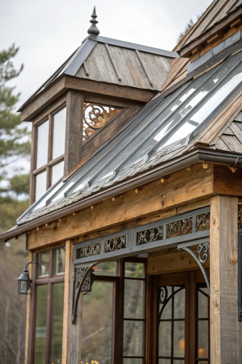 Add intrigue with a mixed-material porch roof.