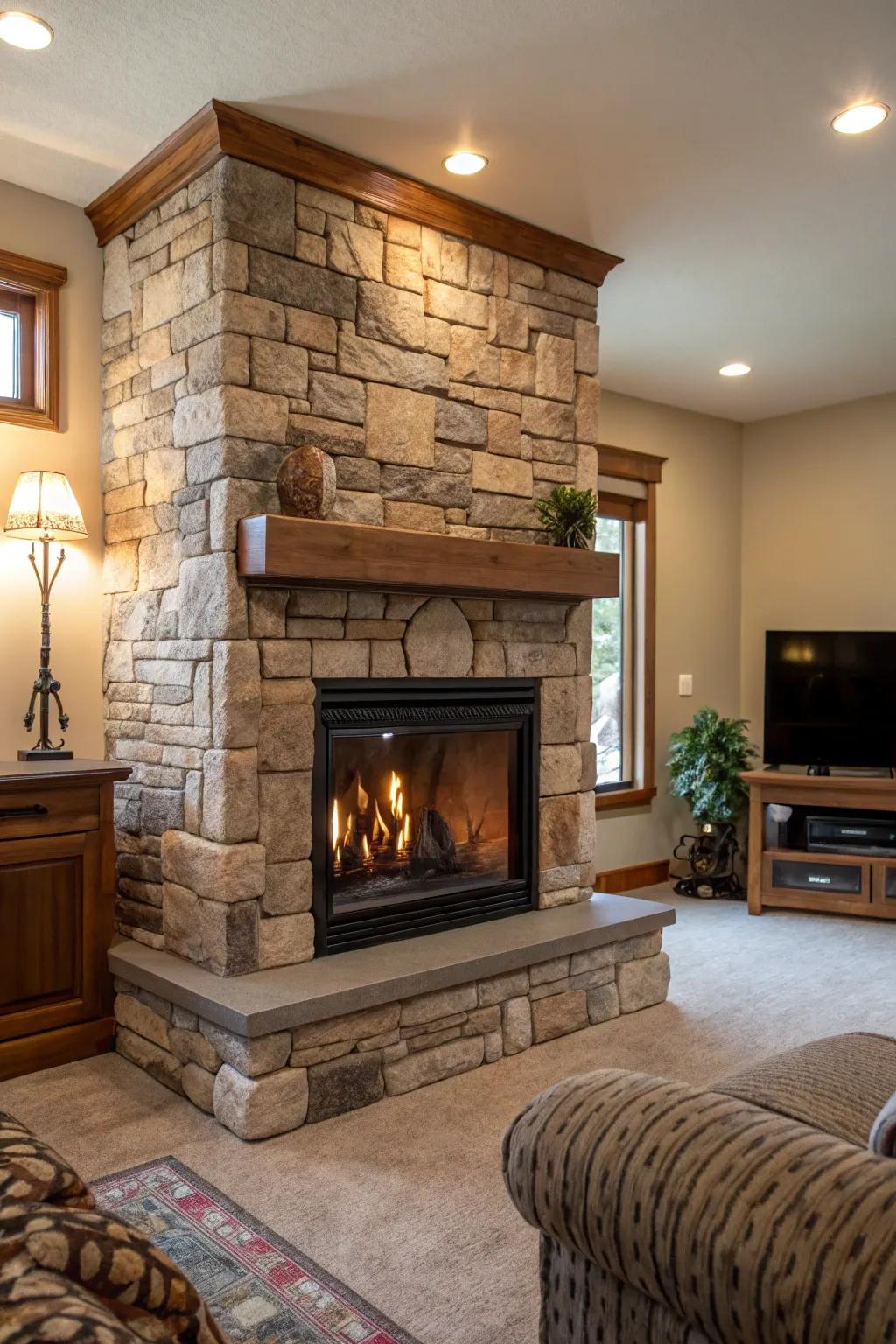 A living room featuring a statement stone surround for the propane fireplace.