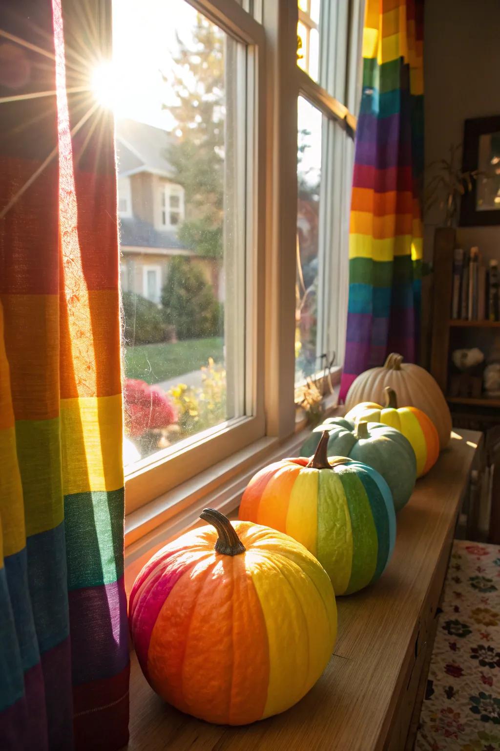 Infuse your decor with joy using rainbow-colored pumpkins.