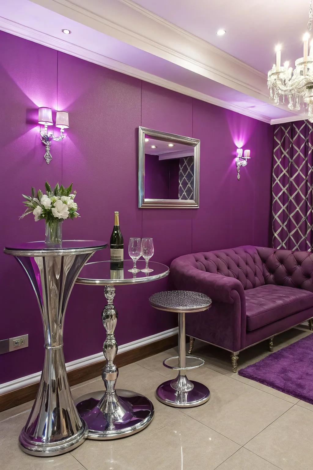 A modern room elevated by the combination of purple walls and metallic accents.