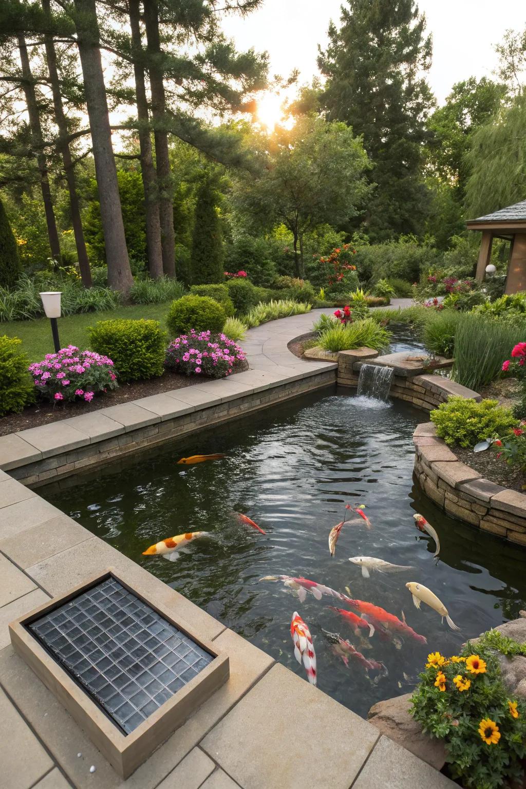 Sustainable beauty with solar-powered water features.