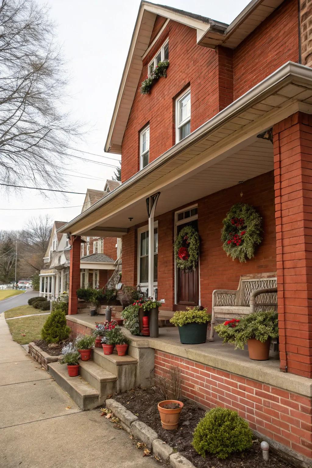 Seasonal decor adds charm to this red brick house.