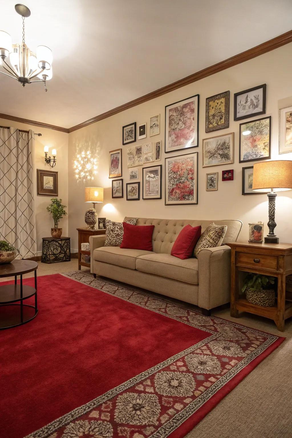 Wall art and accessories beautifully complement the red carpet in this cohesive living room design.
