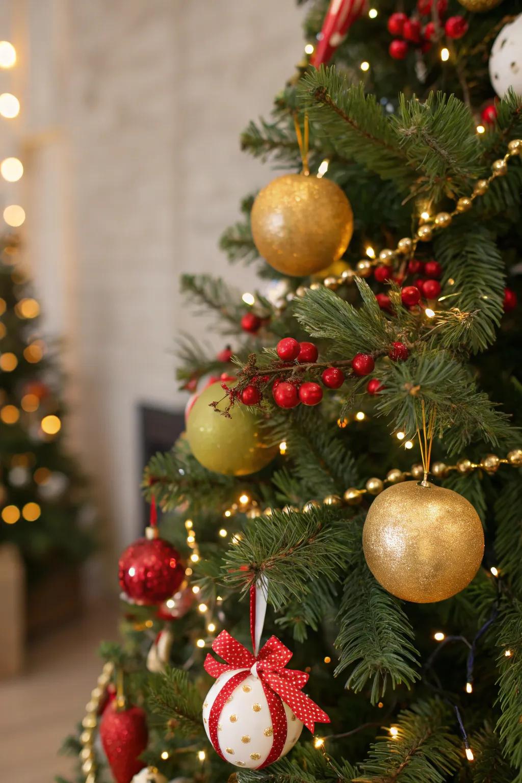 Gold-painted fruit ornaments add a unique twist to the tree.