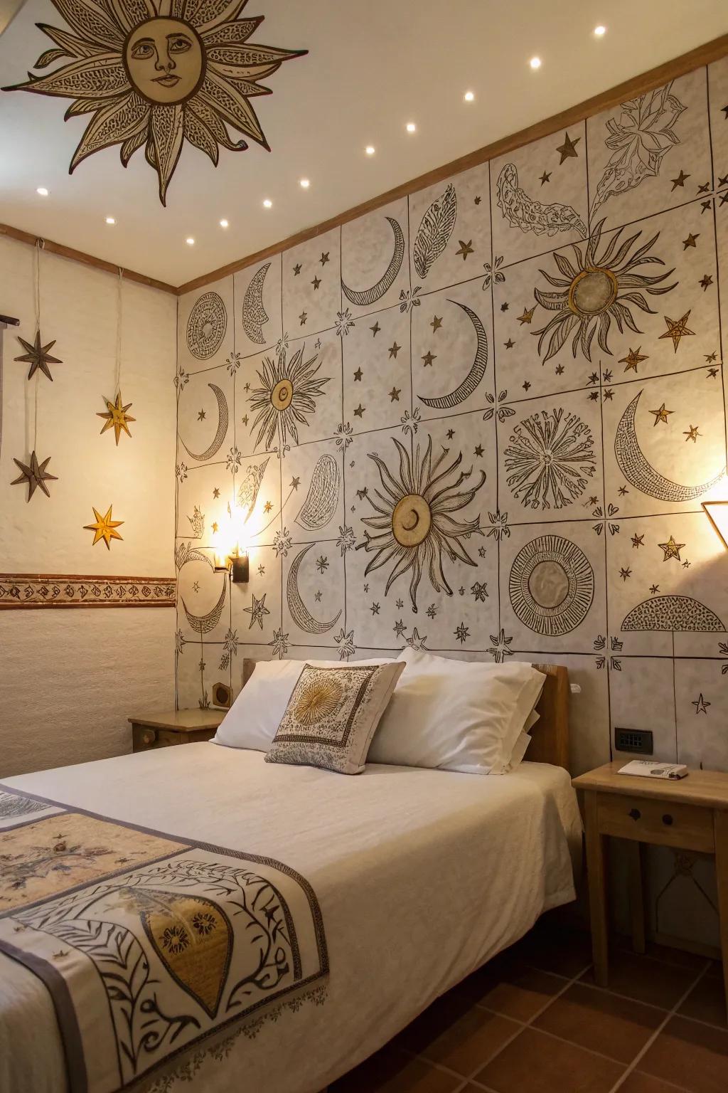 Celestial relief tiles create a dreamy bedroom atmosphere.