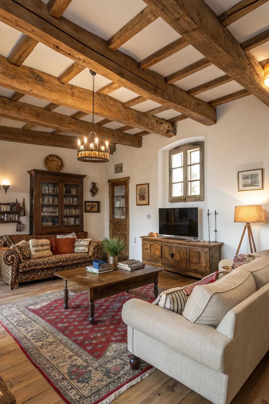 A room that highlights architectural beauty with exposed beams.