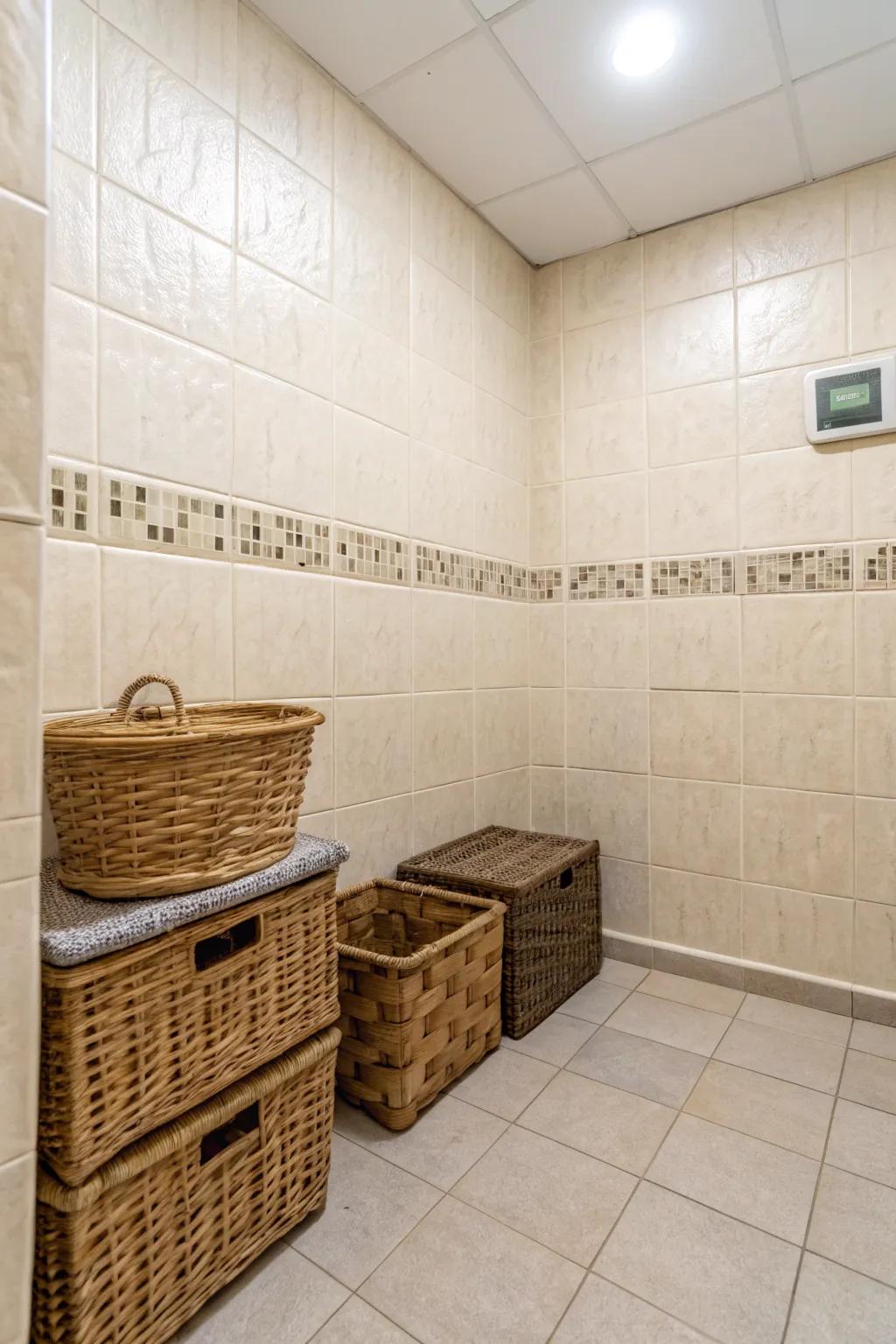 Textured elements add depth and interest to the restroom.