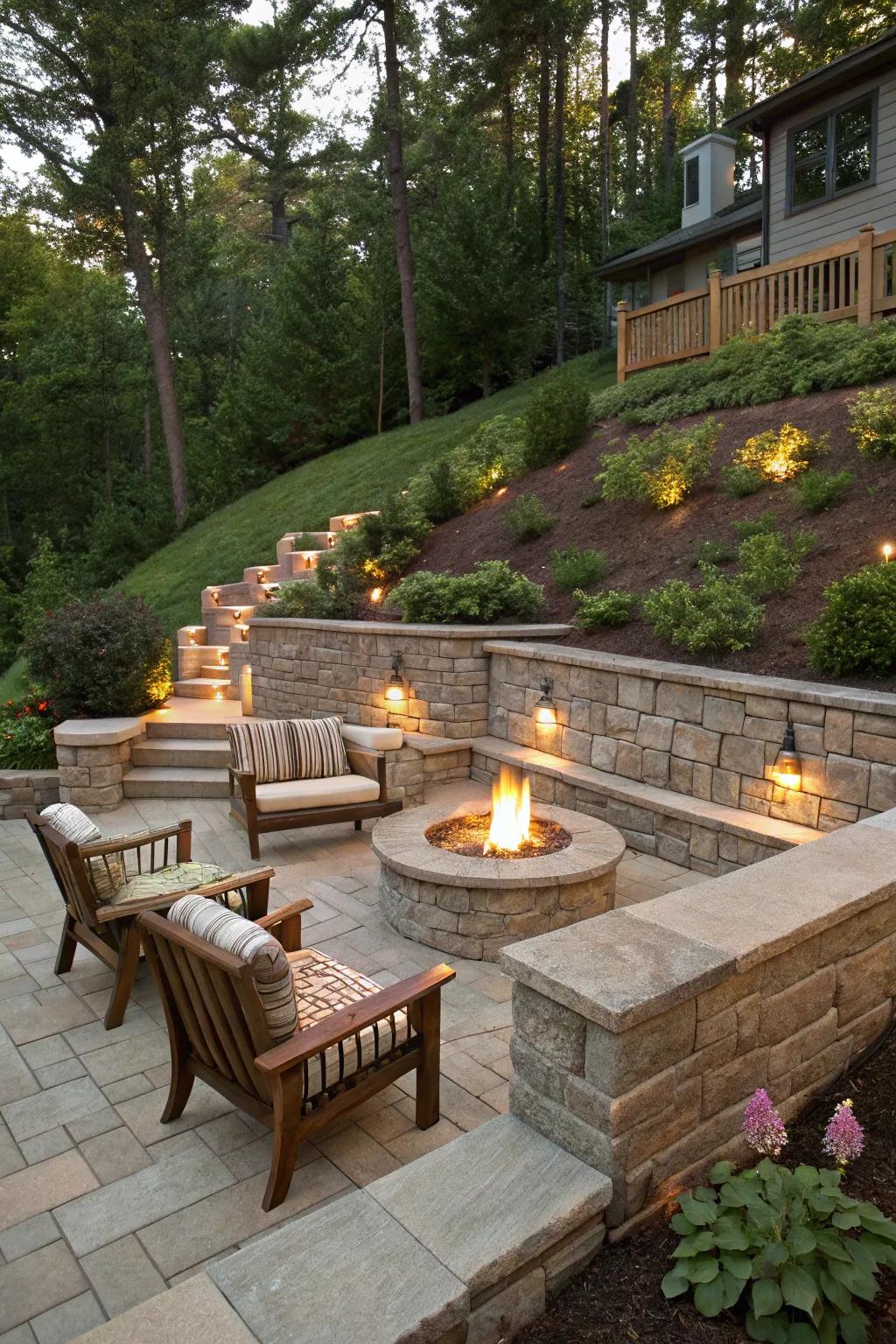 Fire pits add warmth and a focal point to retaining wall designs.