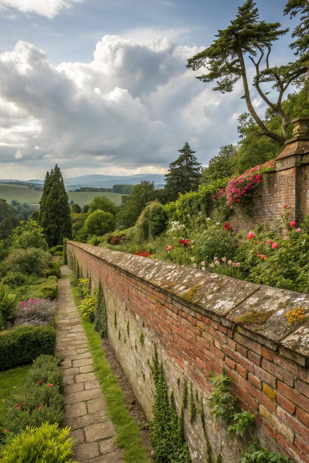 Brick walls offer timeless charm and durability in garden designs.