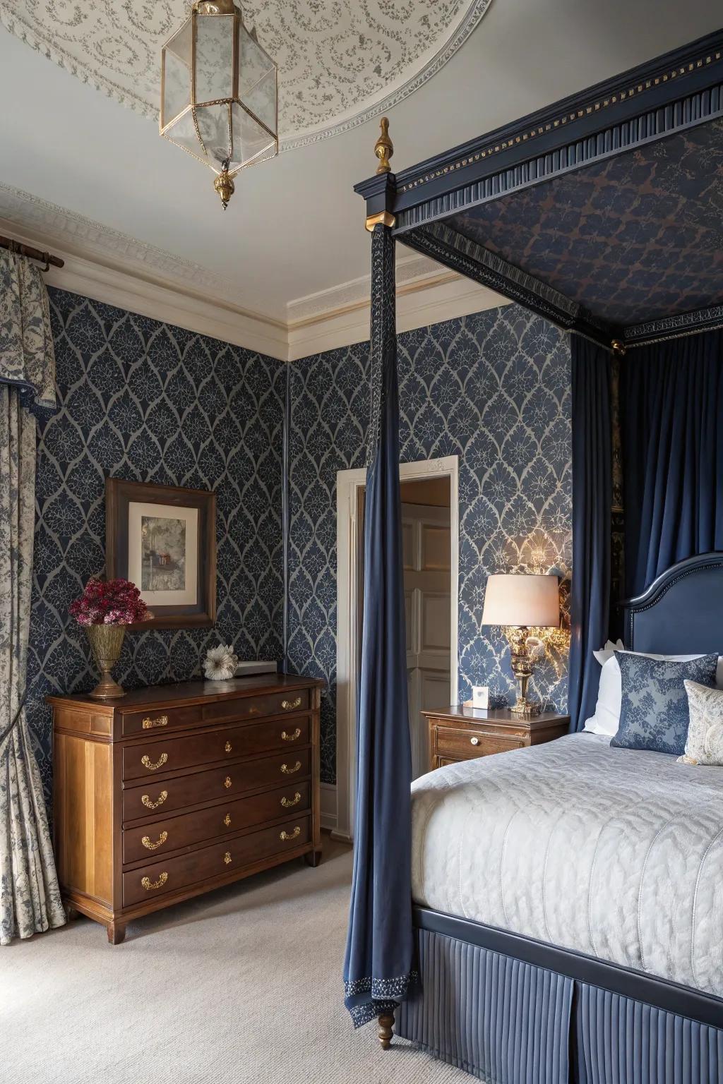 Textured wallpaper adds elegance and depth to navy blue walls.