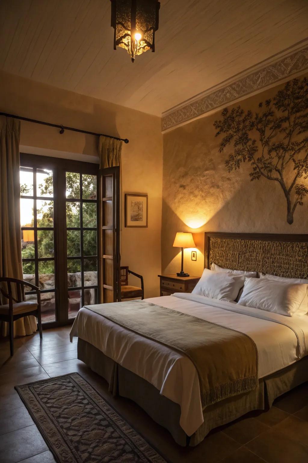 Deep shadows and subtle lighting create a personal sanctuary within the bedroom.